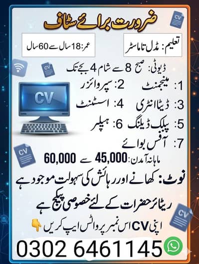 WORK IN RAWALPINDI URGENT STAFF
