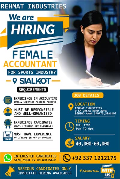 WE NEED A FEMALE ACCOUNTANT FOR OUR SPORTS INDUSTRY.