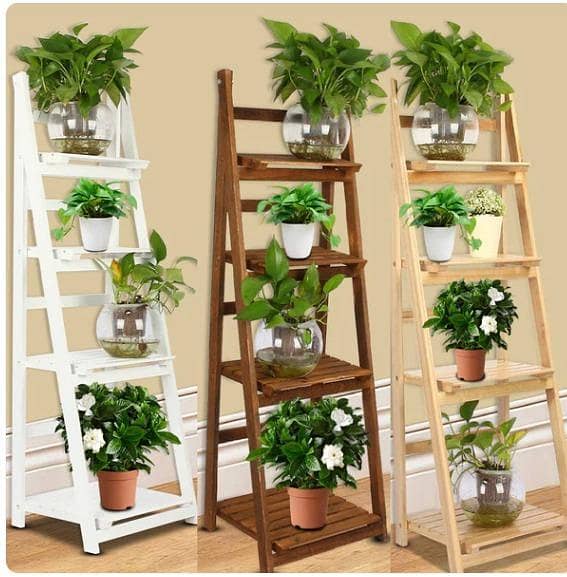 4-Tier Wooden Ladder Shelf – Folding Book & Plant Display Stand