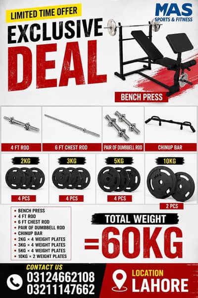 Home Gym setup / Dumbells Rod / Bench press / Weight plates