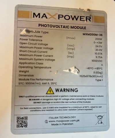 Max power 200 Watt solar plate