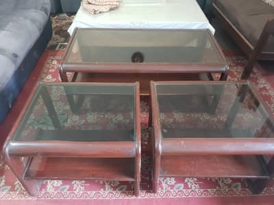 Solid Wood Glass Top Table Set – 3 Pieces – Stylish & Strong
