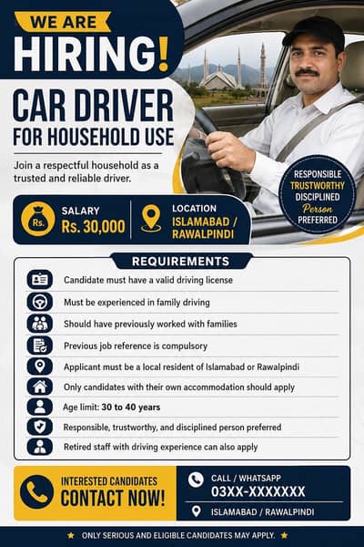 Experienced Family Car Driver Required – Islamabad / Rawalpindi