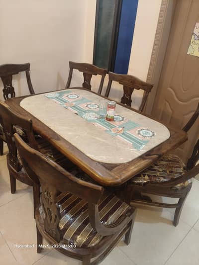 Marble stone dinning table with 6 wooden chairs