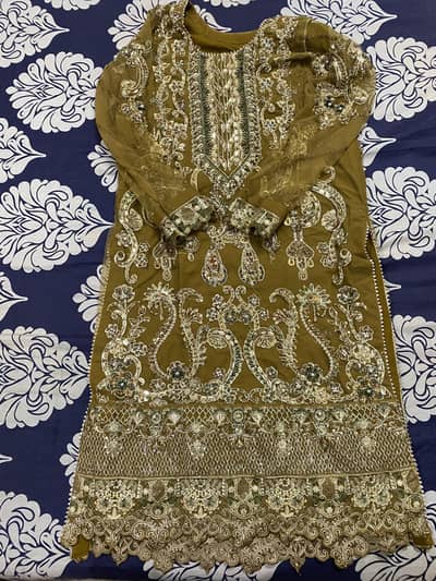 Fully Embroided shirt with plain trouser & net embroided Dupatta
