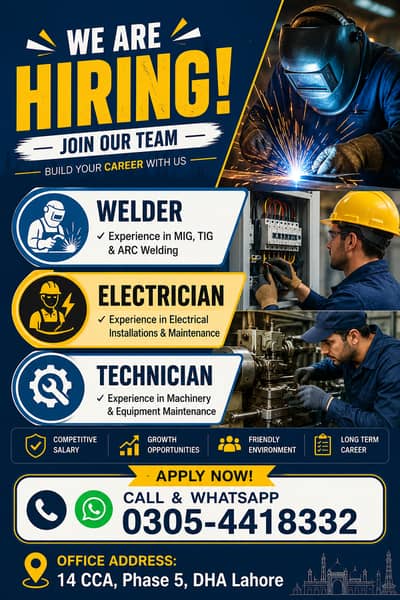 Welder, Electrician, Technician Required / Hiring