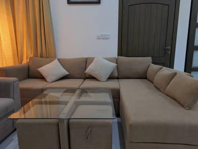 Brand New L-Shape Sofa Set with Glass Table – Excellent Condition