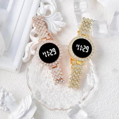 Stainless Steel Digital Watch for Women Peach Golden Textured Strap