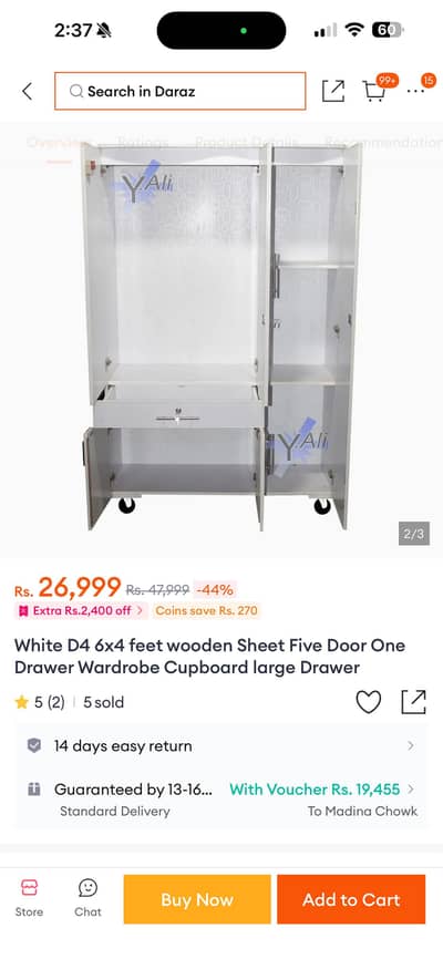 White D4 6x4 wooden sheet kids wardrobe with spacious drawer