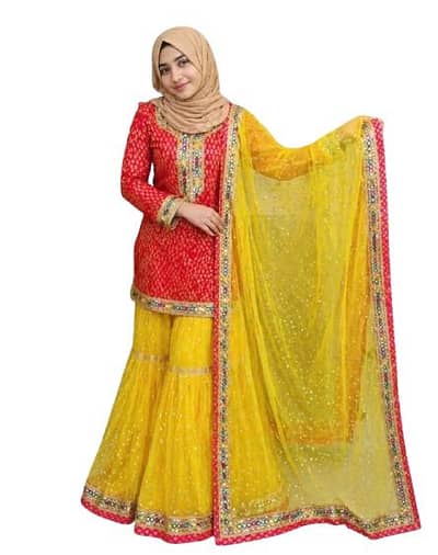 Red and yellow  beautiful fancy suit with shrara