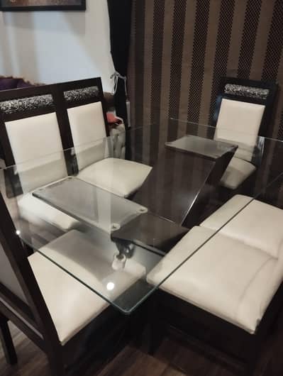 Stylish Wooden 6 seat Dining Table Set with Glass Top & Leather Chairs