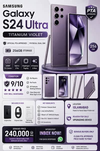 Samsung Galaxy S24 Ultra 256GB PTA Approved – Titanium Violet