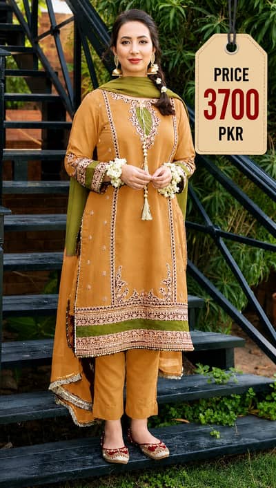 Pakistani Women's Embroidered Khaddar Kurta Set with Shawl