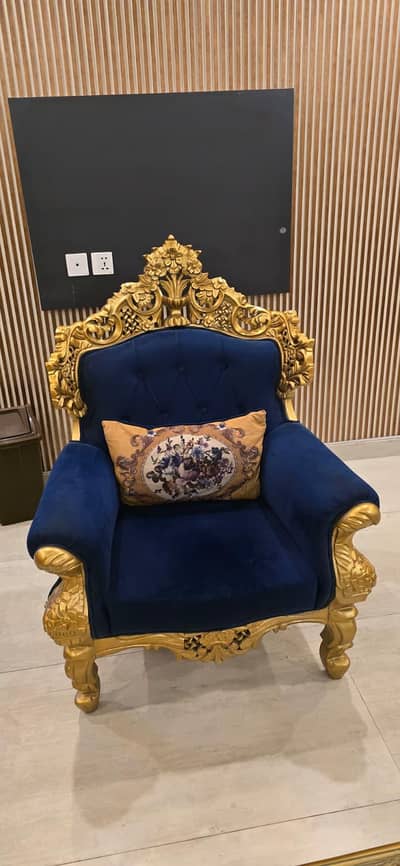 Luxury Royal Blue & Golden Chinioti Sofa Set with Glass Tables