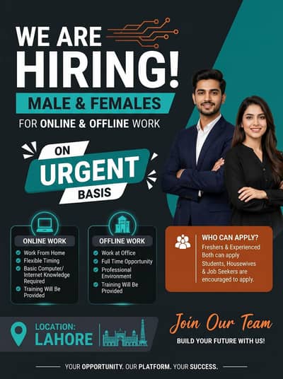 Hiring males and females on urgent bases.