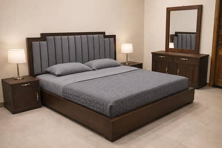 low profile wooden bed set with dressing