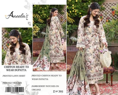 beautiful unstitched 3 PC suit lawn with shiffon duppatta only Rs 3750