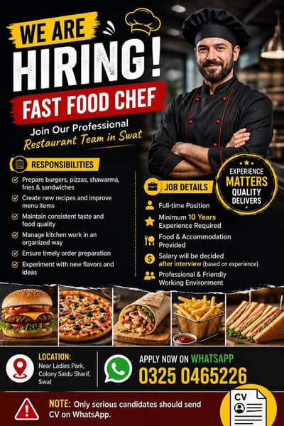 Fast Food Chef Required in Swat – Burgers, Pizza, Shawarma Expert