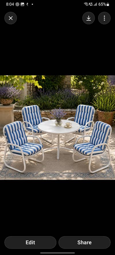 Elegant Blue Stripe Garden Patio Set – 4 Chairs with Round Table 