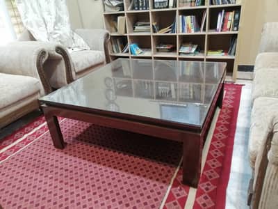 Elegant 4x4 ft Center Table with 6mm Glass Top – Polished MDF