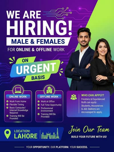 Hiring males and females on urgent bases.