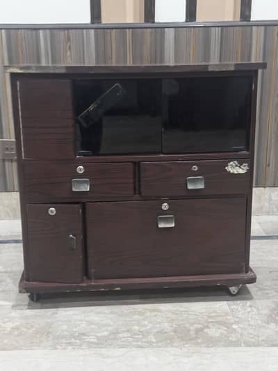 Elegant Wooden Storage Trolley Cabinet with Mirror Doors & Drawers