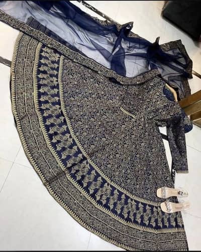 Navy blue cotton silk maxi suit with Golden embroidery & dupatta