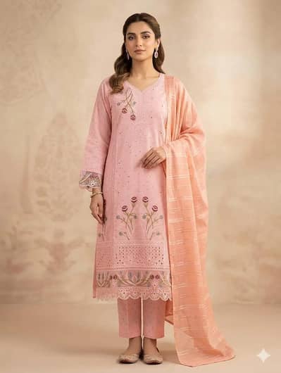 "Premium 3-pc Pink Embroidered  Cotton Lawn suit ".