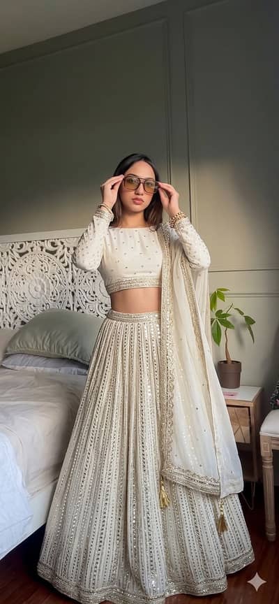 Ivory & Silver Mirror-Work Ghagra Choli