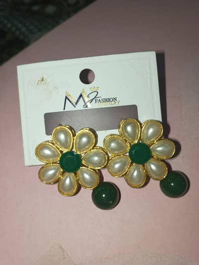  Flower Pearl Earrings | Kundan Style | Green & Gold | Brand New