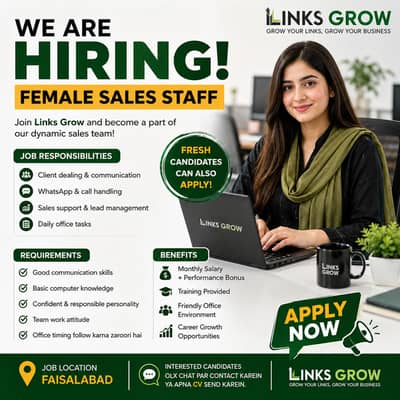 Female Sales Staff Required for Office Based Job in Faisalabad