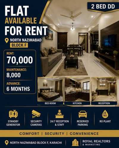 2 Bed DD Flat for Rent in North Nazimabad Block F Karachi with Parking & Generator