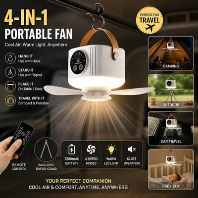 Portable Hanging Fan with LED Light & Remote Control 7200mAh Battery