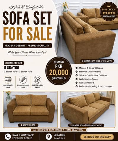 5 Seater Sofa Set (3+2) for Sale – Modern Design – 20,000