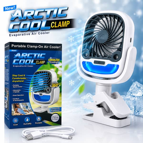 Arctic Cool Clamp Portable Air Cooler Fan – Rechargeable Mini AC Cooler With Humidifier, 360° Adjustable Clip Fan & LED Light