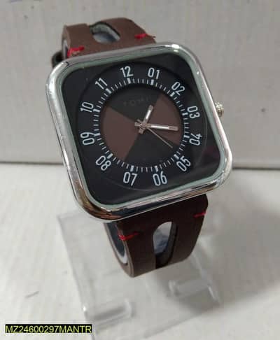 Men's Stainless Steel Watch Brown Leather Strap 24Hr Analog