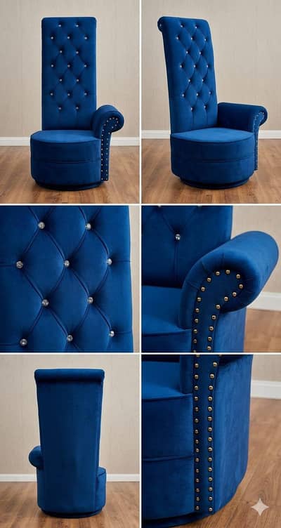 Royal Blue Velvet High-Back Coffee Chairs with Matching Glass Table
