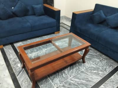 sofa set Blue Velvet with 6 question and new wooden table
