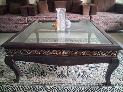Elegant Wooden Center Table with Glass Top & Gold Carving