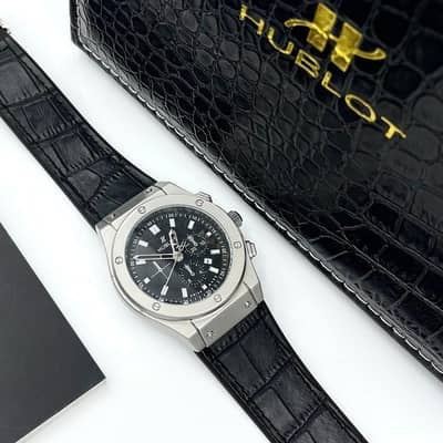 Hublot Men's Stainless Steel Chronograph Watch Black Leather Strap