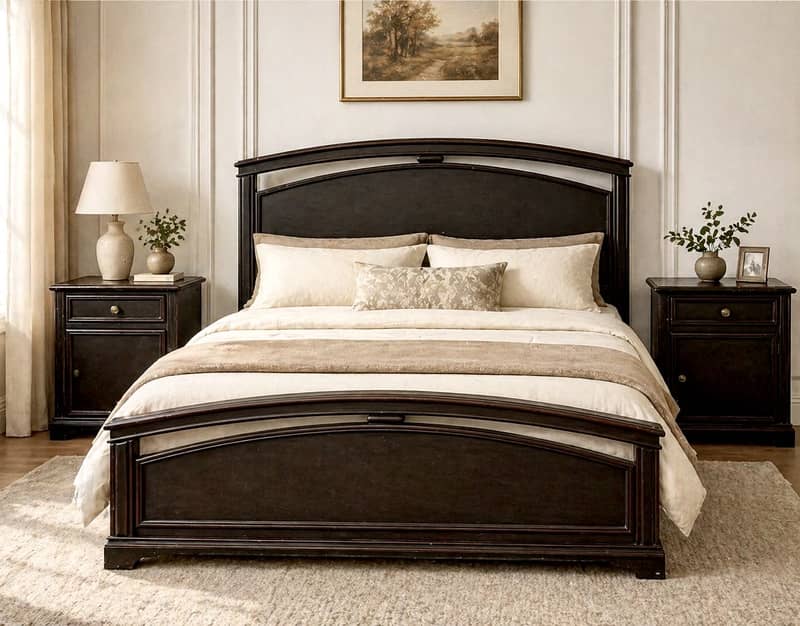 SOLID WOOD KING BED WITH SIDE TABLES 0
