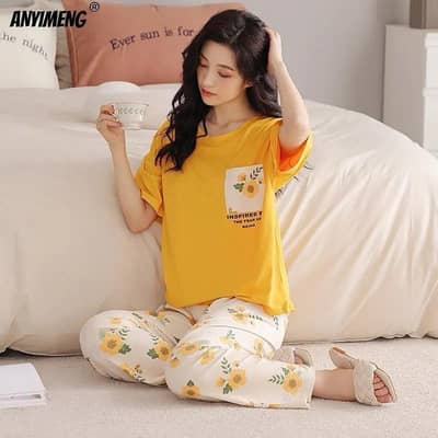 Cotton Jersey Printed Women Night Suit 2 Pcs Set | Soft Sleepwear Grey