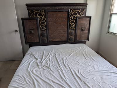 King Size Bed + Dressing Table Set | Dark Wood Carved Design