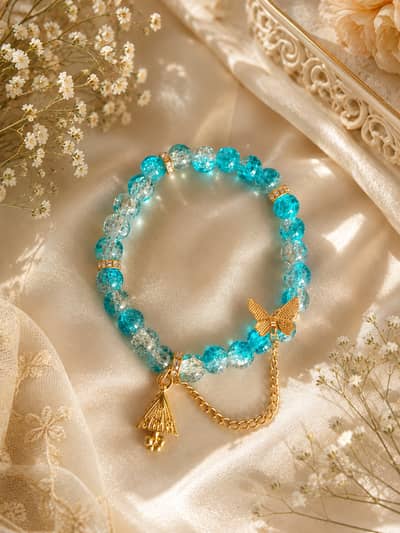 Handmade Blue Crystal Bracelet with Golden Charm - New