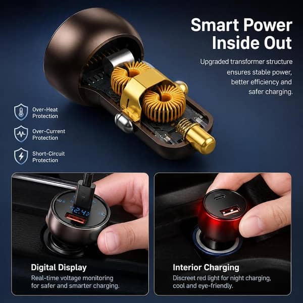 100W Metal Car Charger USB-C PD + USB-A Fast Charging | SuperVOOC VOOC QC Support | Compatible with Samsung OnePlus OPPO Realme Motorola iPhone Laptop Tablet