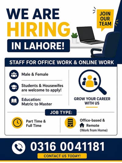 We are hiring in Lahore male and female