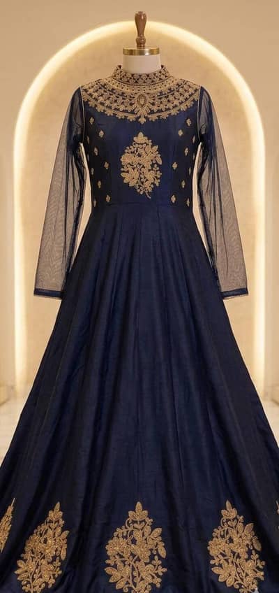Royal Navy Blue Long Maxi with Heavy Golden Embroidery