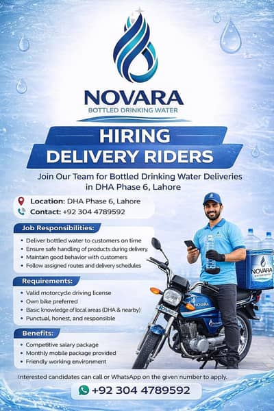 Delivery Rider Jobs in DHA phase 6 Lahore – Novara Water Company