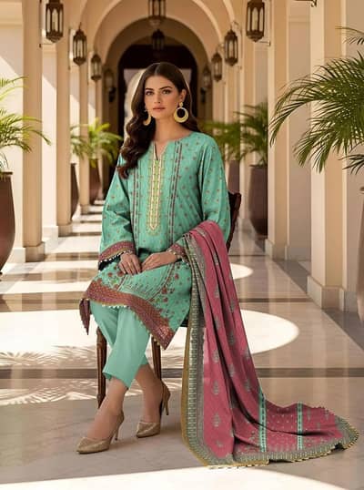 Pakistan women's Teal Embroidered kurta set with pink dupatta