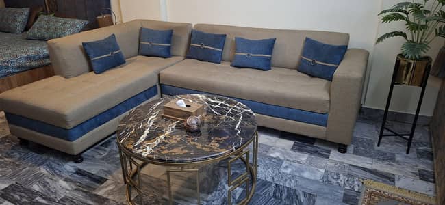 L shape Sofa with marble round table